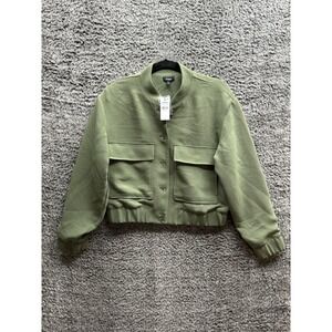 Express Women's S Front Patch Pockets Cropped Bomber‎ Jacket Olive Green NWD